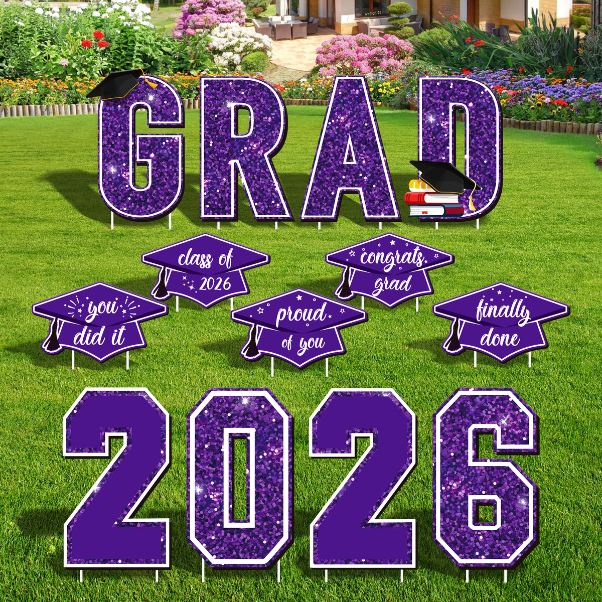 Zoroot 13 Pcs Graduation Yard Signs, Purple Class of 2026 Lawn Decorations, Outdoor 16 Inches Large Waterproof 2026 Congrats Grad Signs with Stakes for High School College Garden Graduation Party