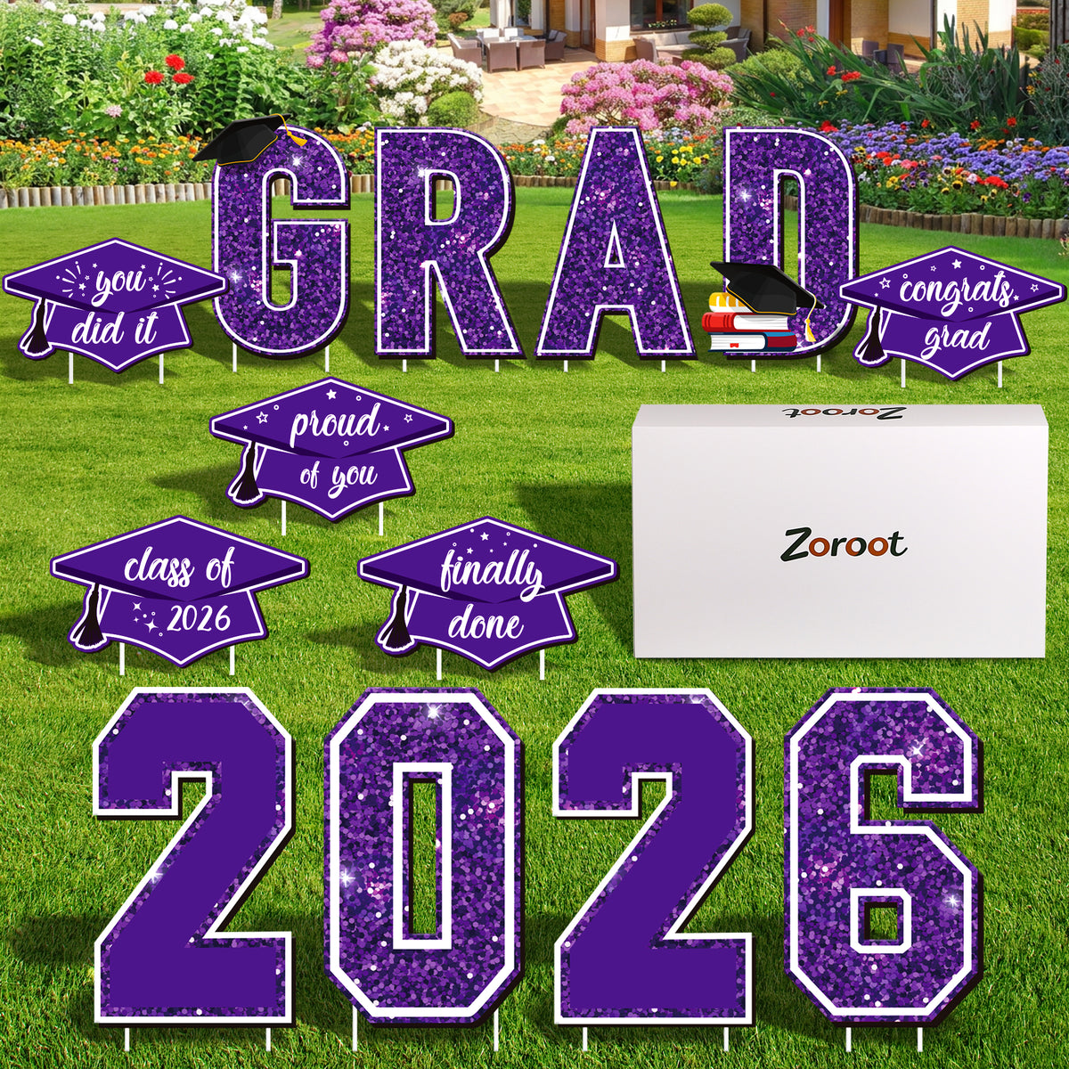 Zoroot 13 Pcs Graduation Yard Signs, Purple Class of 2026 Lawn Decorations, Outdoor 16 Inches Large Waterproof 2026 Congrats Grad Signs with Stakes for High School College Garden Graduation Party