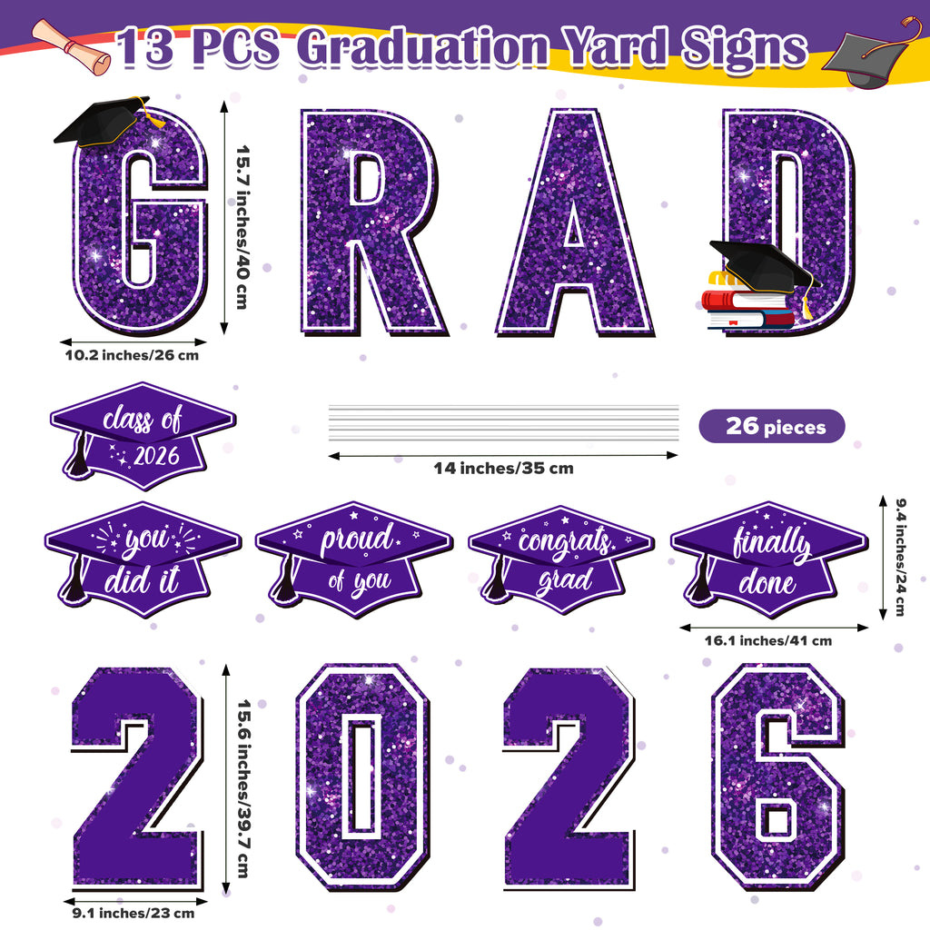 Zoroot 13 Pcs Graduation Yard Signs, Purple Class of 2026 Lawn Decorations, Outdoor 16 Inches Large Waterproof 2026 Congrats Grad Signs with Stakes for High School College Garden Graduation Party