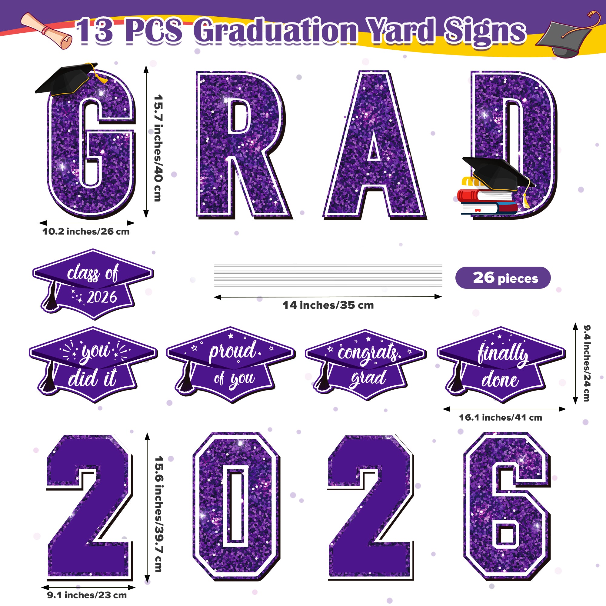 Zoroot 13 Pcs Graduation Yard Signs, Purple Class of 2026 Lawn Decorations, Outdoor 16 Inches Large Waterproof 2026 Congrats Grad Signs with Stakes for High School College Garden Graduation Party