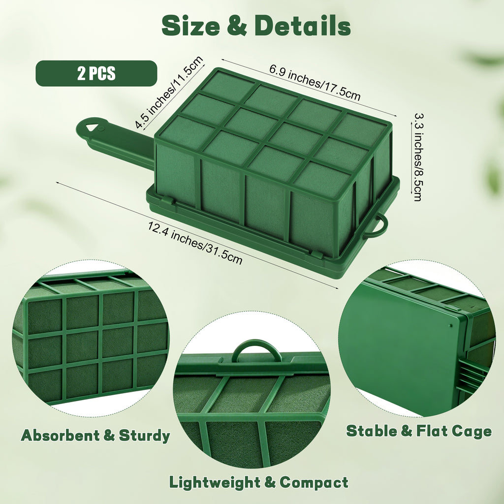 Zoroot 2 Pieces Floral Foam Cage with Floral Foam, Flower Cage Holder,Dry and Wet Rectangle Flower Arrangement Green Floral Blocks with Handle for Fresh Flowers Wedding Holiday Home Decorations
