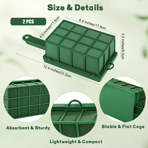 Zoroot 2 Pieces Floral Foam Cage with Floral Foam, Flower Cage Holder,Dry and Wet Rectangle Flower Arrangement Green Floral Blocks with Handle for Fresh Flowers Wedding Holiday Home Decorations