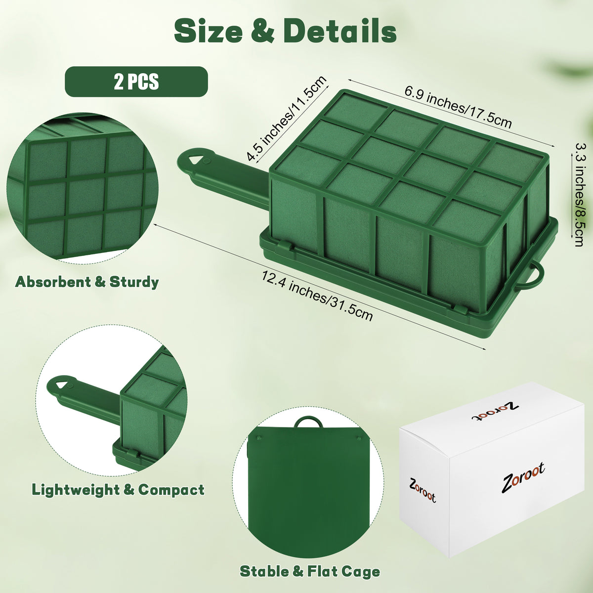 Zoroot 2 Pieces Floral Foam Cage with Floral Foam, Flower Cage Holder,Dry and Wet Rectangle Flower Arrangement Green Floral Blocks with Handle for Fresh Flowers Wedding Holiday Home Decorations