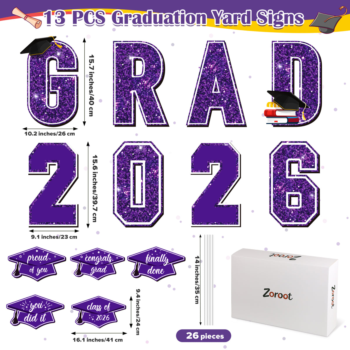 Zoroot 13 Pcs Graduation Yard Signs, Purple Class of 2026 Lawn Decorations, Outdoor 16 Inches Large Waterproof 2026 Congrats Grad Signs with Stakes for High School College Garden Graduation Party
