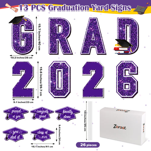 Zoroot 13 Pcs Graduation Yard Signs, Purple Class of 2026 Lawn Decorations, Outdoor 16 Inches Large Waterproof 2026 Congrats Grad Signs with Stakes for High School College Garden Graduation Party