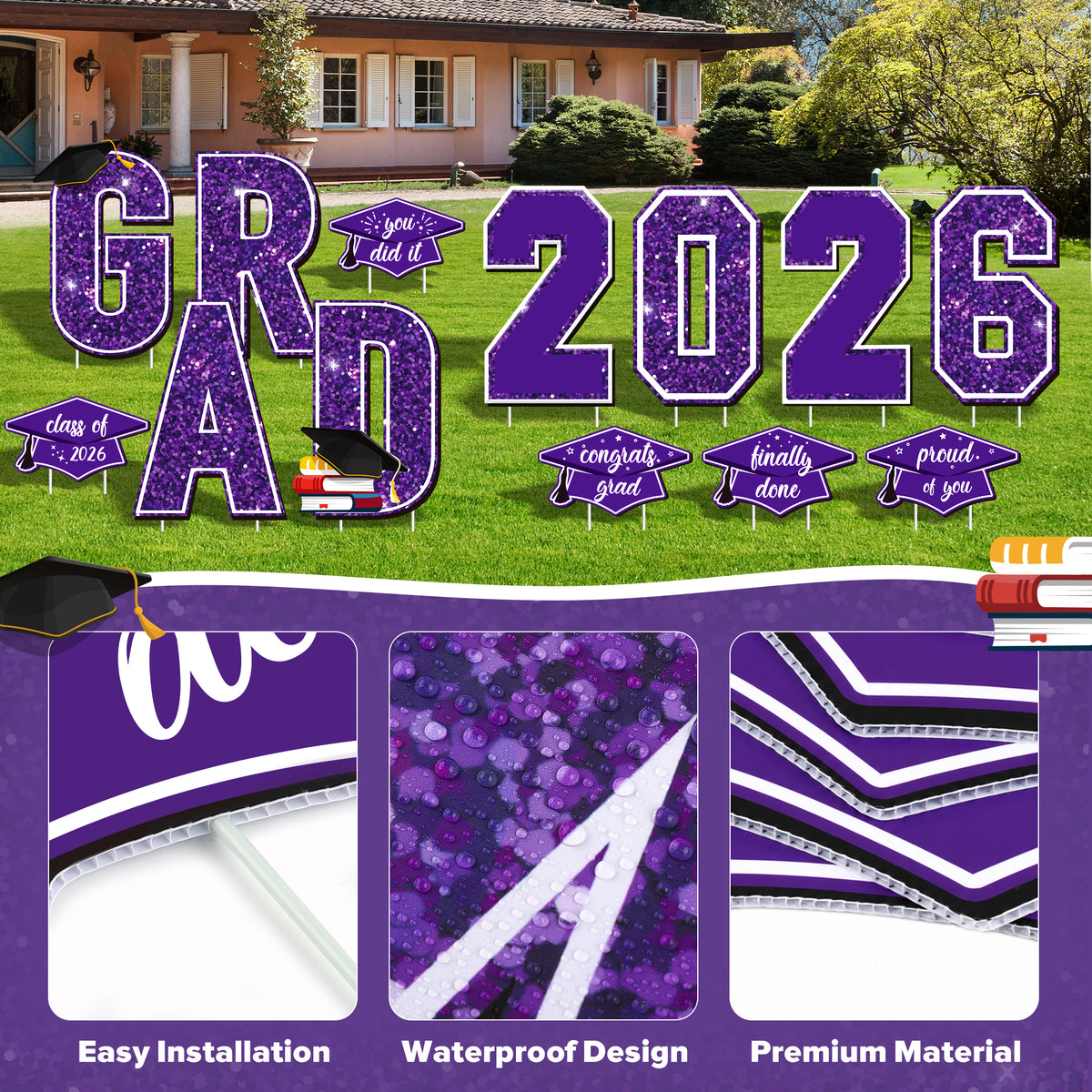 Zoroot 13 Pcs Graduation Yard Signs, Purple Class of 2026 Lawn Decorations, Outdoor 16 Inches Large Waterproof 2026 Congrats Grad Signs with Stakes for High School College Garden Graduation Party