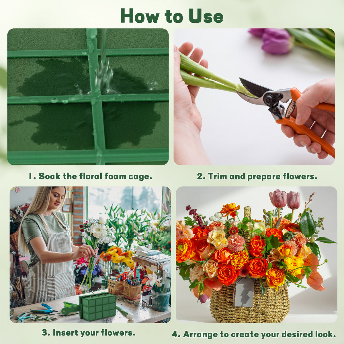 Zoroot 2 Pieces Floral Foam Cage with Floral Foam, Flower Cage Holder,Dry and Wet Rectangle Flower Arrangement Green Floral Blocks with Handle for Fresh Flowers Wedding Holiday Home Decorations