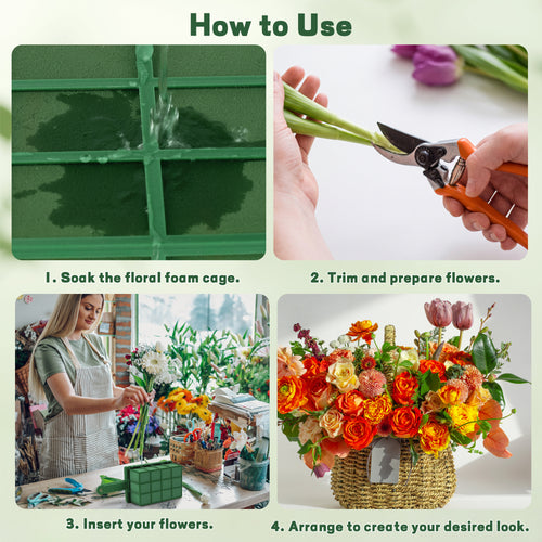 Zoroot 2 Pieces Floral Foam Cage with Floral Foam, Flower Cage Holder,Dry and Wet Rectangle Flower Arrangement Green Floral Blocks with Handle for Fresh Flowers Wedding Holiday Home Decorations