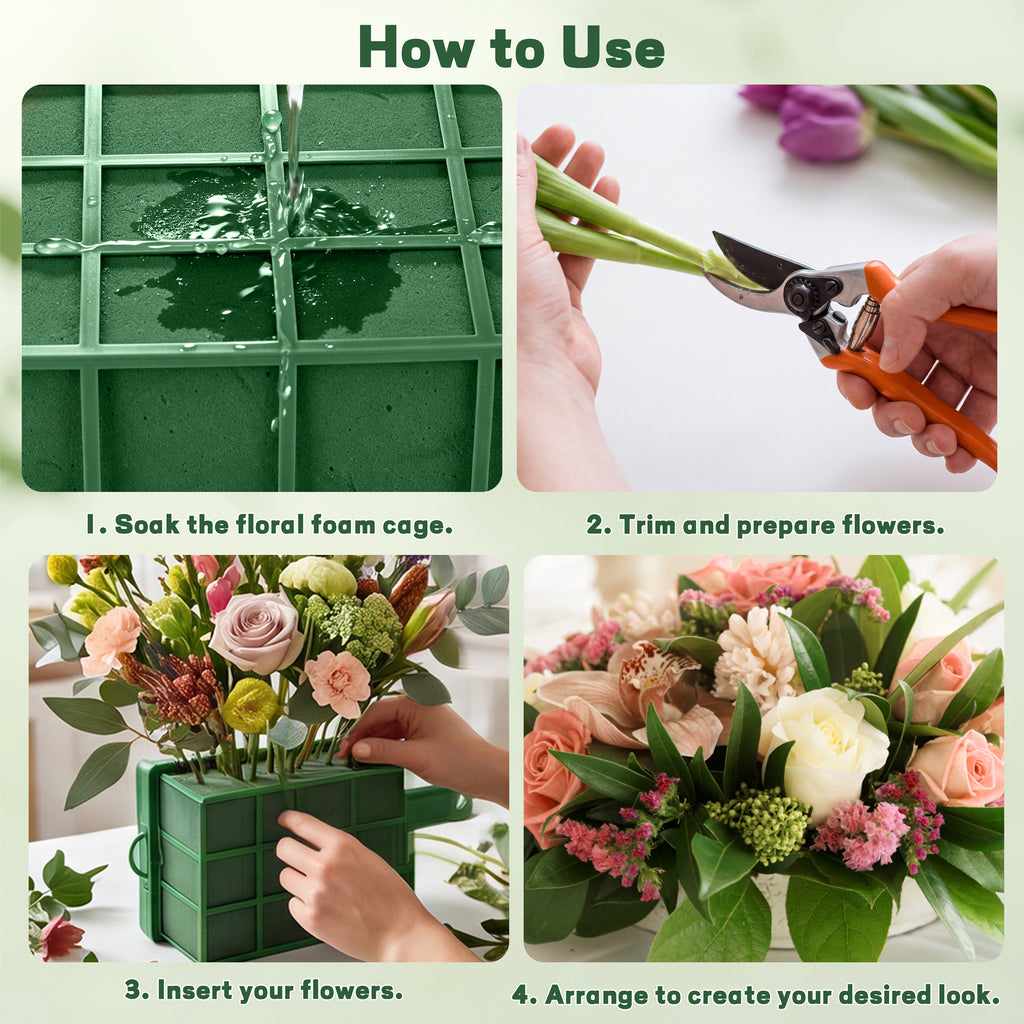 Zoroot 2 Pieces Floral Foam Cage with Floral Foam, Flower Cage Holder,Dry and Wet Rectangle Flower Arrangement Green Floral Blocks with Handle for Fresh Flowers Wedding Holiday Home Decorations