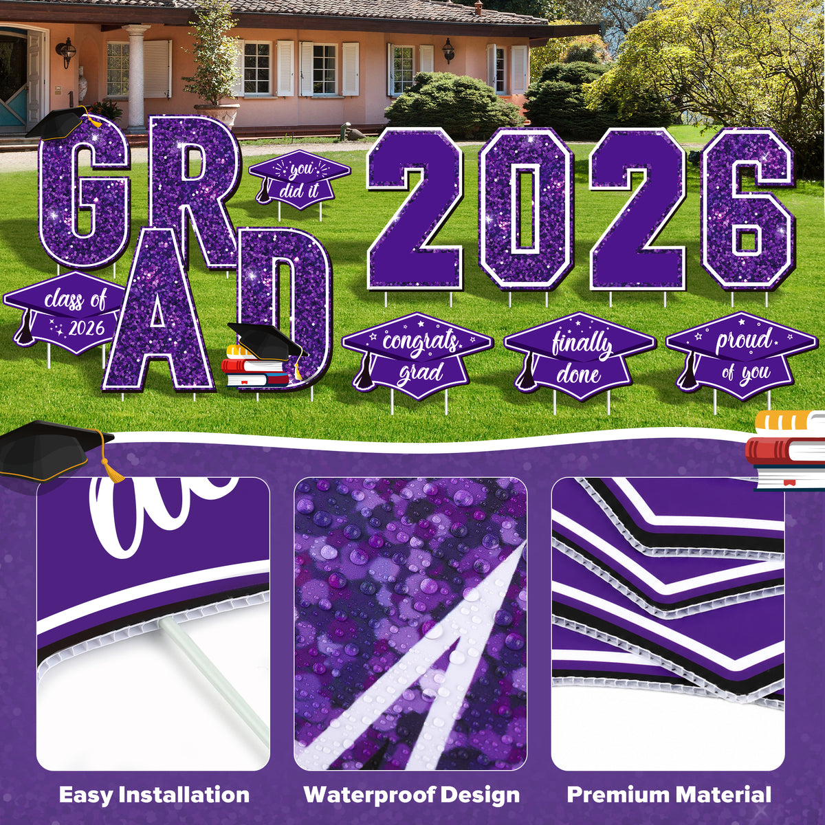 Zoroot 13 Pcs Graduation Yard Signs, Purple Class of 2026 Lawn Decorations, Outdoor 16 Inches Large Waterproof 2026 Congrats Grad Signs with Stakes for High School College Garden Graduation Party